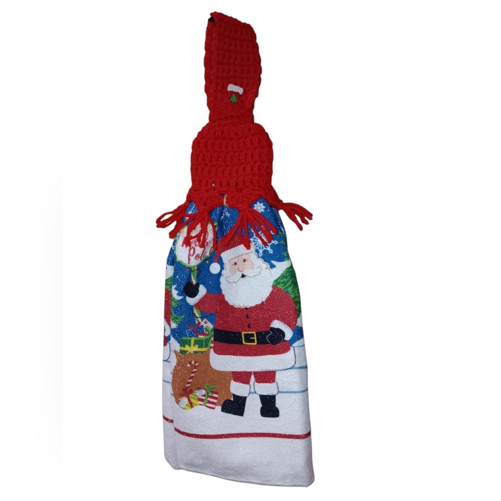 Holiday Santa Kitchen Towel with Red Crochet Top